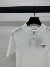PRADA MOCK NECK SHORT-SLEEVE KNIT TOP WHITE 274815