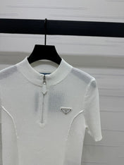 PRADA MOCK NECK SHORT-SLEEVE KNIT TOP WHITE 274815