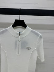 PRADA MOCK NECK SHORT-SLEEVE KNIT TOP WHITE 274815