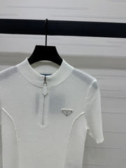 PRADA MOCK NECK SHORT-SLEEVE KNIT TOP WHITE 274815