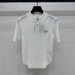 PRADA MOCK NECK SHORT-SLEEVE KNIT TOP WHITE 274815