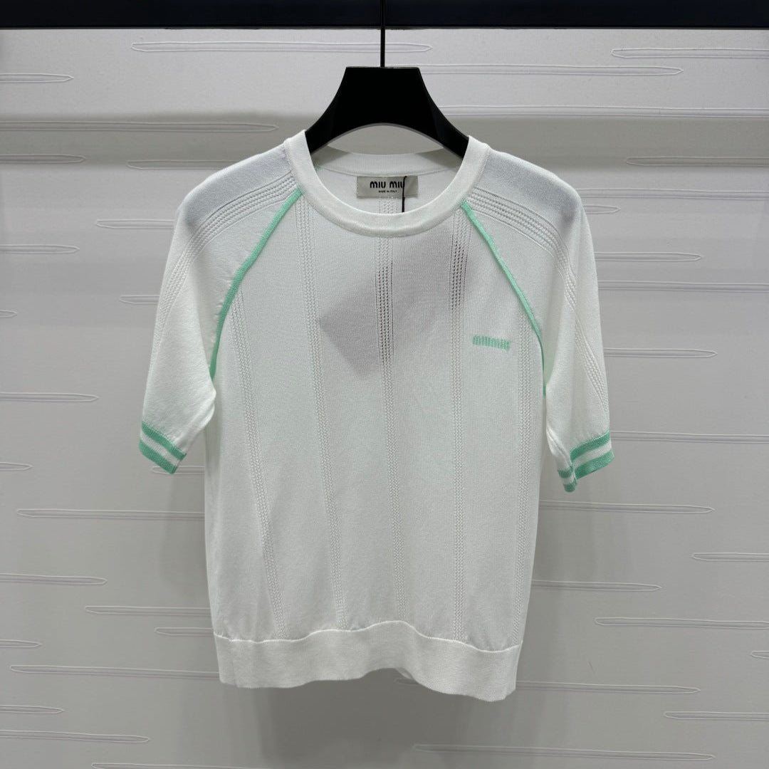 MIU 25S RAGLAN CREW NECK STRIPED KNIT SWEATER 264105