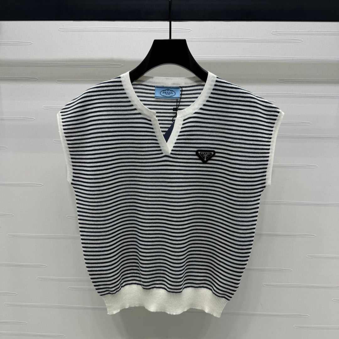 PRAD 25S STRIPED V-NECK KNITTED VEST 264126