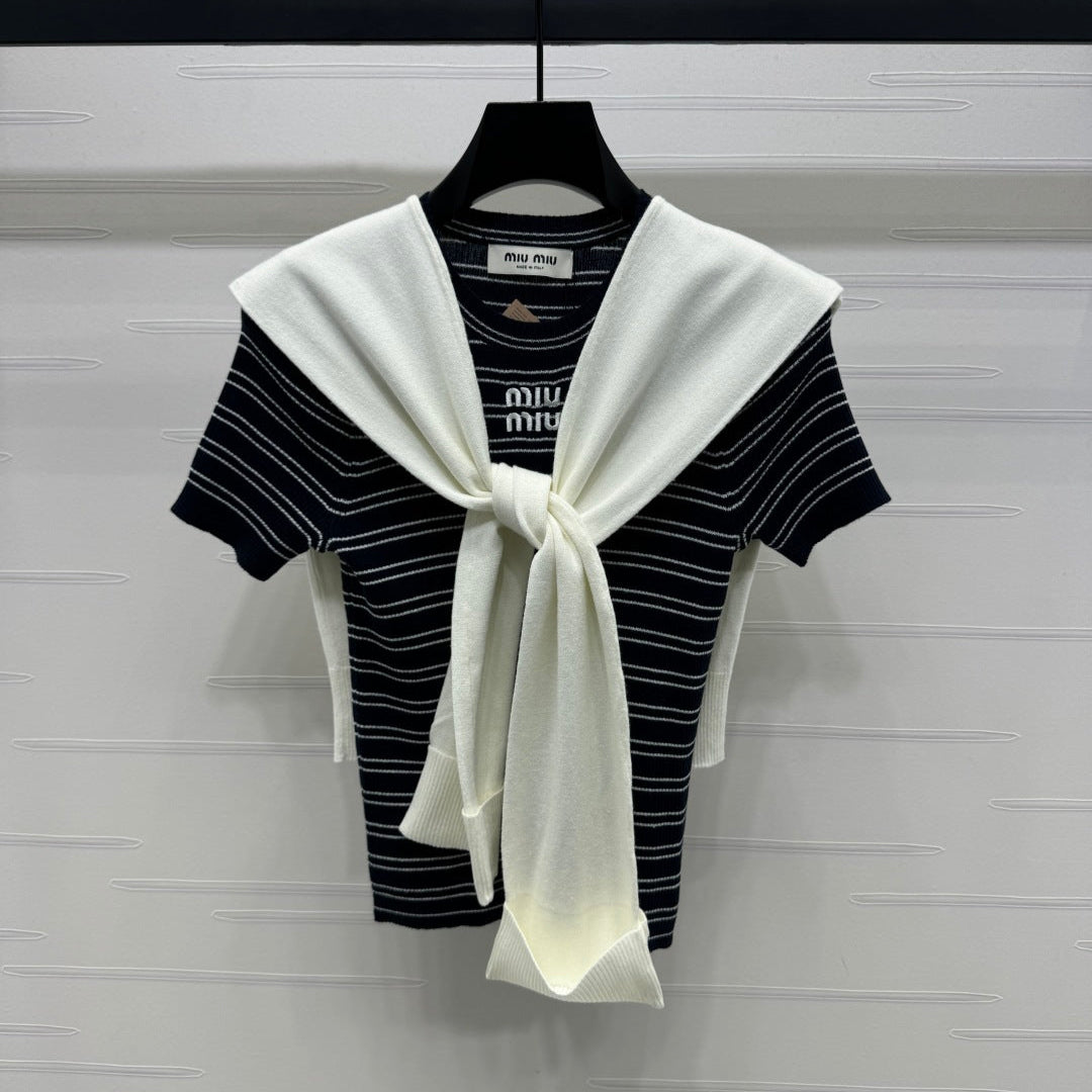 MIU 25S SHORT SLEEVE STRIPED KNITTED CAPE 264138