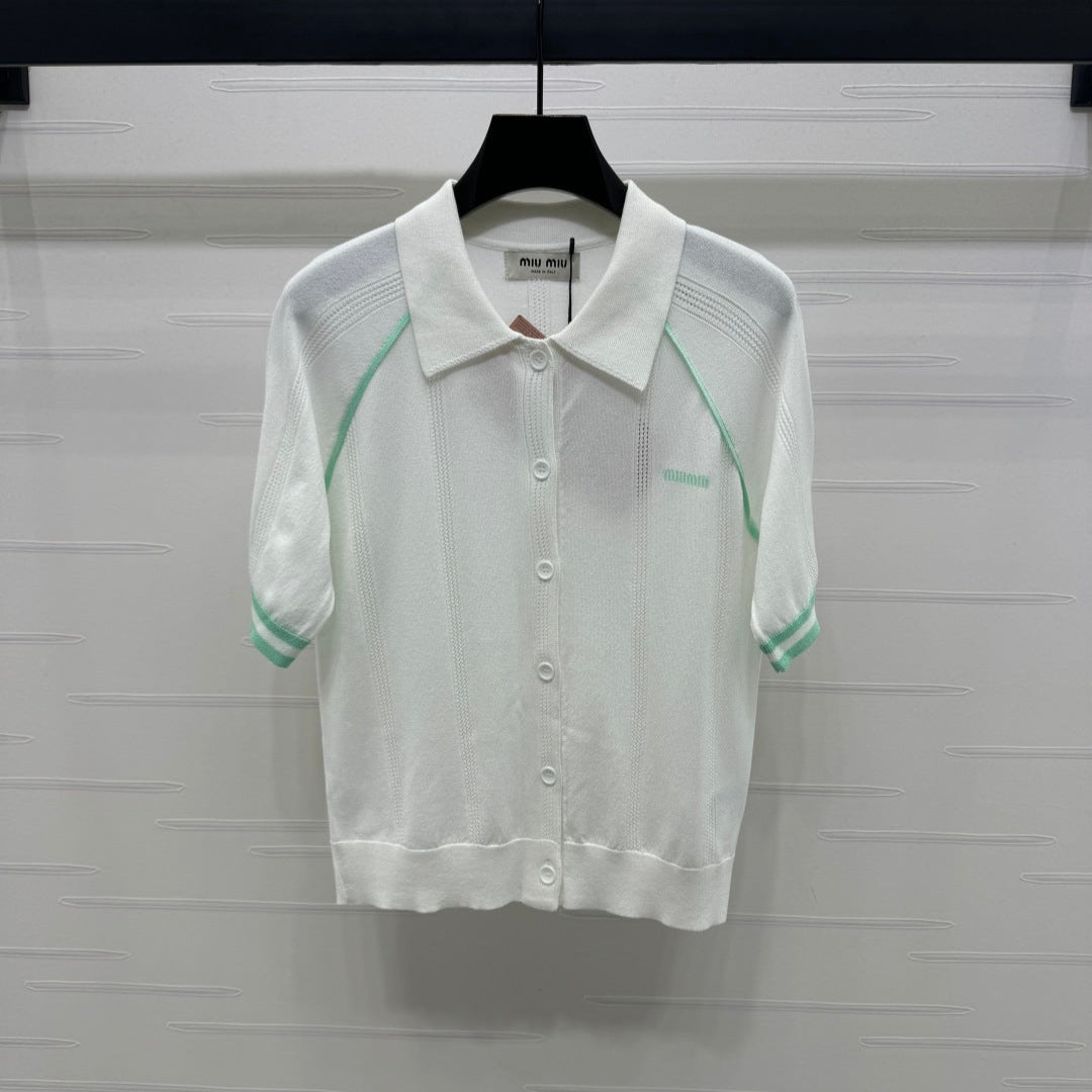 MIU 25S ROUND NECK STRIPED KNIT RAGLAN SHORT SLEEVES 264108