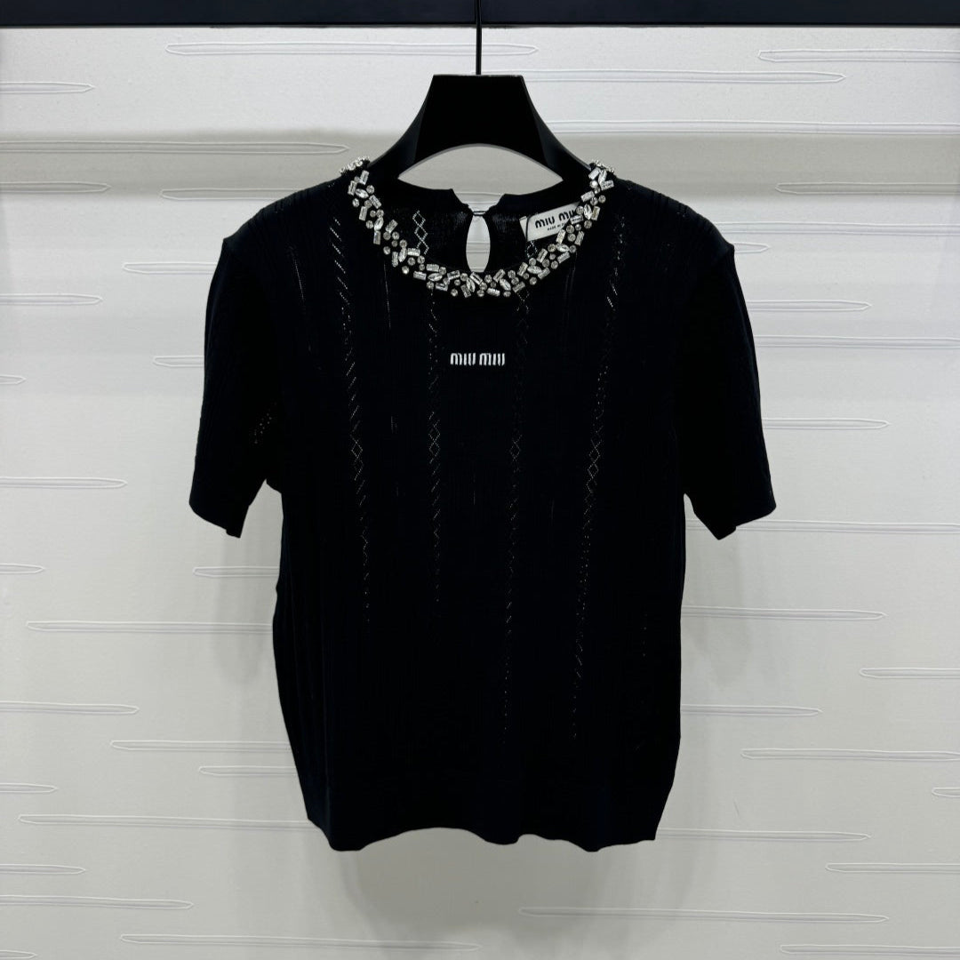 MIU 25S RHINESTONE COLLAR T-SHIRT 264097