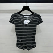 DIOR 25S SHORT SLEEVE STRIPED V-NECK SWEATER 264077