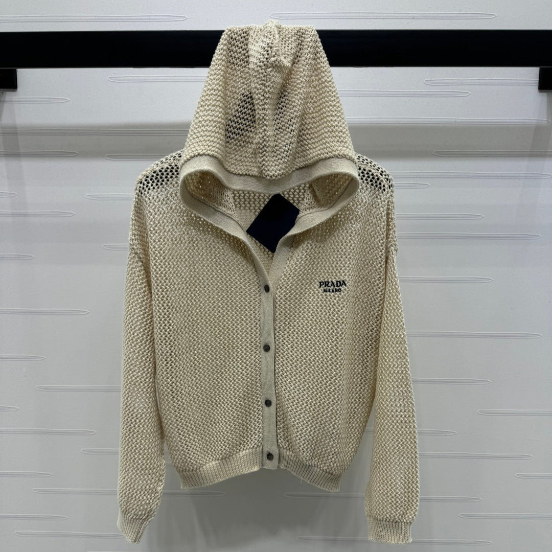 PRADA LACE-KNIT LONG-SLEEVE HOODIE 274830