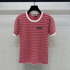 MIUMIU CREW NECK SHORT-SLEEVE PLAID KNIT TOP 274834
