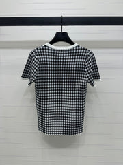 MIUMIU CREW NECK SHORT-SLEEVE PLAID KNIT TOP 274833