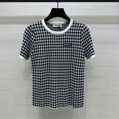 MIUMIU CREW NECK SHORT-SLEEVE PLAID KNIT TOP 274833