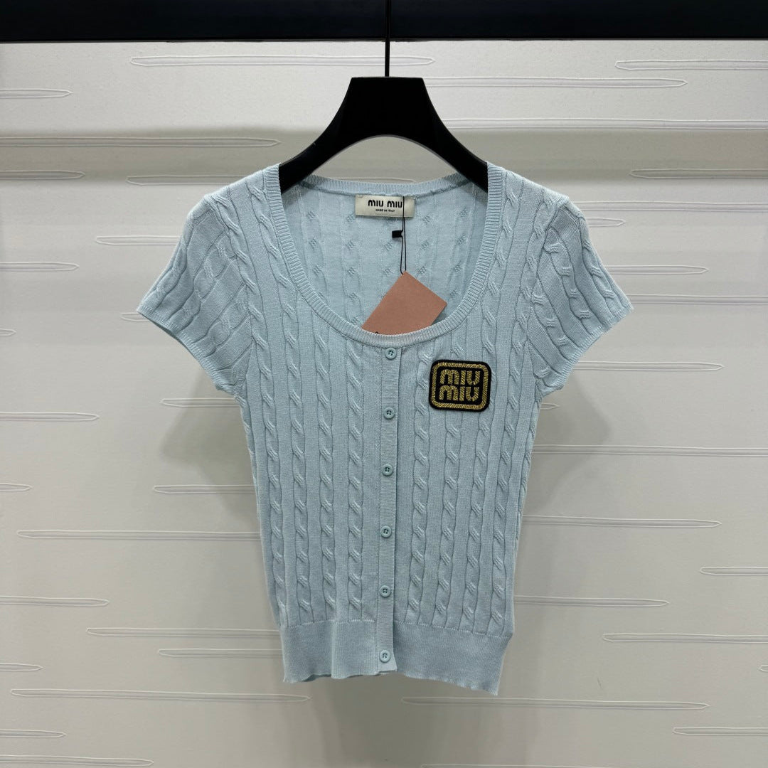 MIUMIU U-NECK KNITTED SHORT-SLEEVE TOP LIGHT BLUE 274948