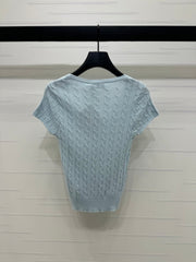 MIUMIU U-NECK KNITTED SHORT-SLEEVE TOP LIGHT BLUE 274948