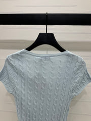 MIUMIU U-NECK KNITTED SHORT-SLEEVE TOP LIGHT BLUE 274948