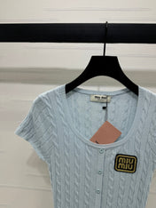 MIUMIU U-NECK KNITTED SHORT-SLEEVE TOP LIGHT BLUE 274948