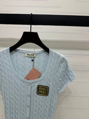 MIUMIU U-NECK KNITTED SHORT-SLEEVE TOP LIGHT BLUE 274948