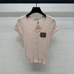 MIUMIU U-NECK KNITTED SHORT-SLEEVE TOP PINK 274947