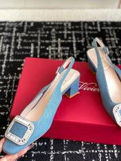 ROGER VIVIER 25S VIVIER SLINGBACK 45MM IN BLUE DENIM EMBELLISHED CRYSTALS