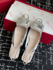 ROGER VIVIER 25S VIVIER SLINGBACK 45MM IN SILVER CALFSKIN EMBELLISHED CRYSTALS