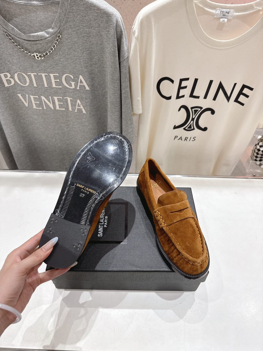 YSL 25S LOAFERS IN COPPER BROWN SUEDE WITH GOLD HARDWARE