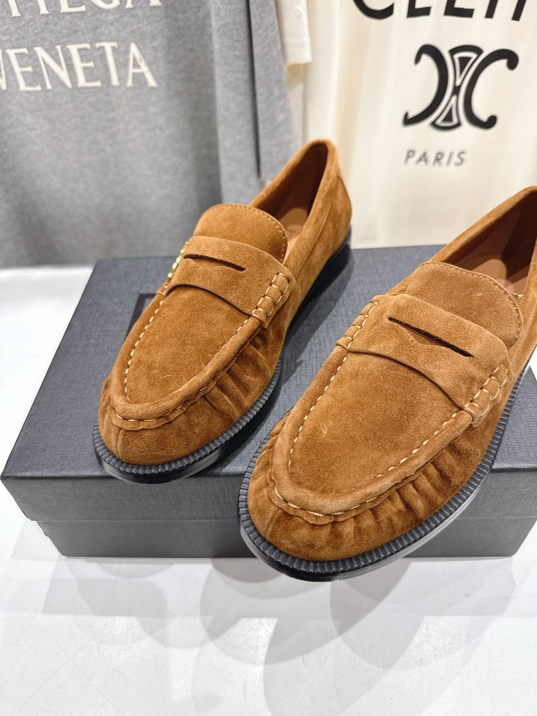 YSL 25S LOAFERS IN COPPER BROWN SUEDE WITH GOLD HARDWARE