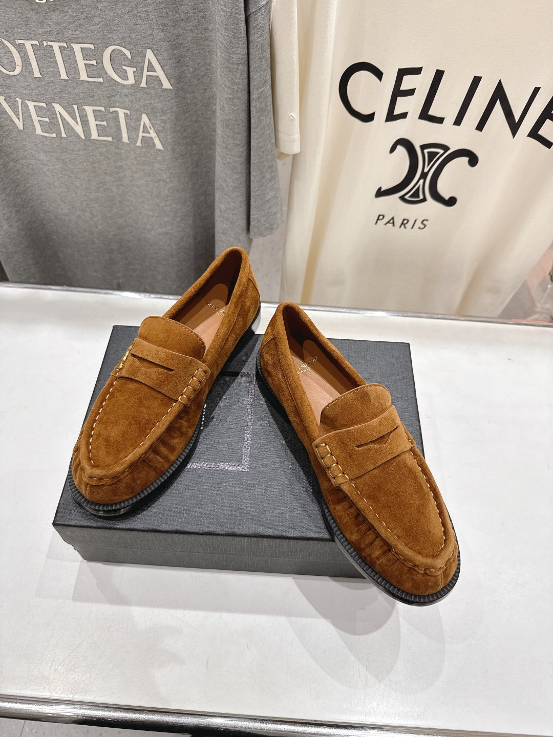 YSL 25S LOAFERS IN COPPER BROWN SUEDE WITH GOLD HARDWARE