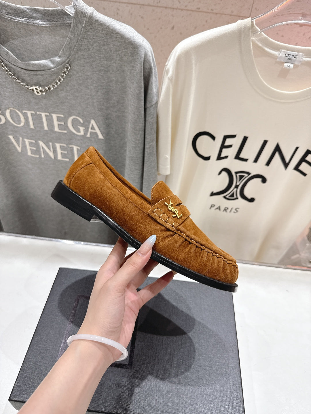 YSL 25S LOAFERS IN COPPER BROWN SUEDE WITH GOLD HARDWARE