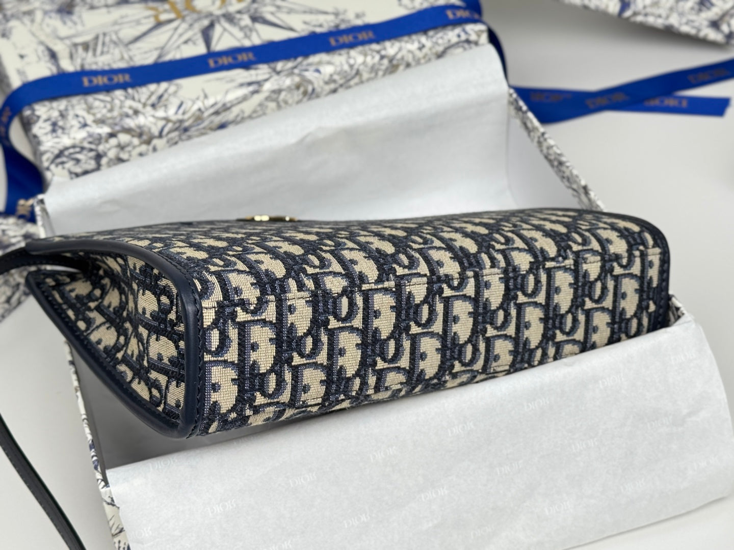 DIOR 25S 30 MONTAIGNE DEA POUCH BLUE OBLIQUE JACQUARD 26 IN CANVAS