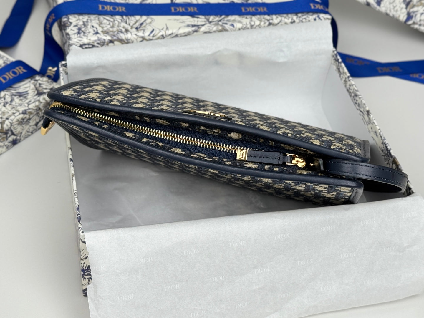 DIOR 25S 30 MONTAIGNE DEA POUCH BLUE OBLIQUE JACQUARD 26 IN CANVAS
