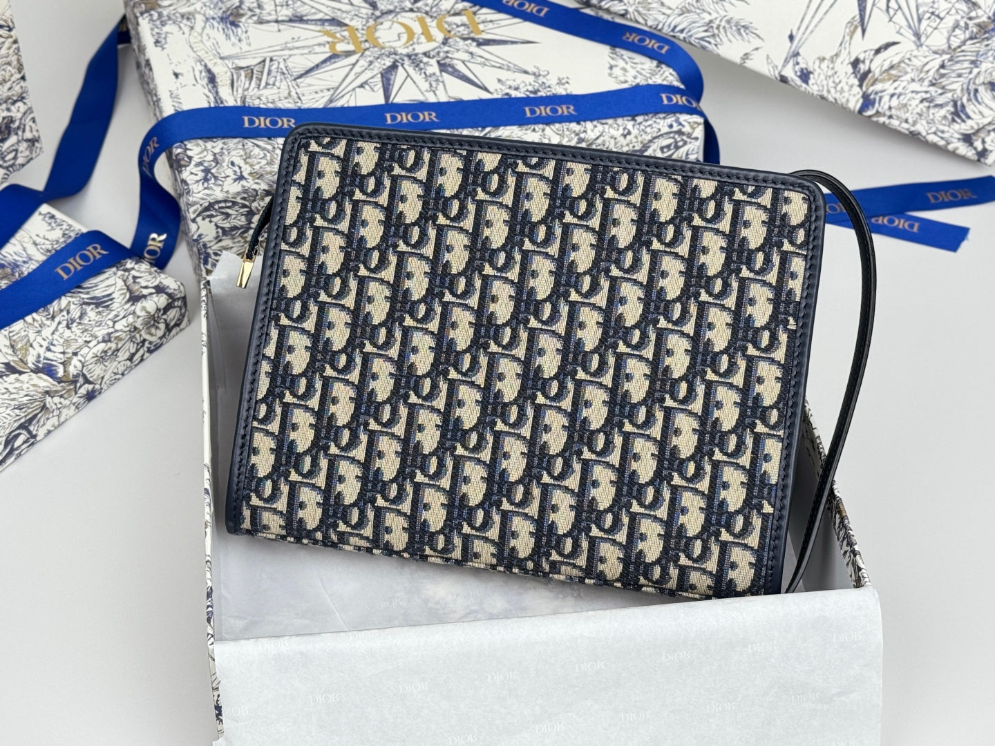 DIOR 25S 30 MONTAIGNE DEA POUCH BLUE OBLIQUE JACQUARD 26 IN CANVAS