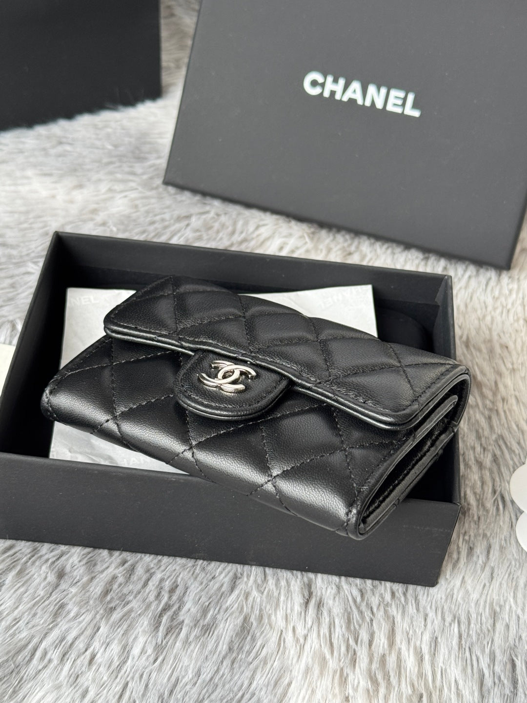 CHANEL 25S CLASSIC CARD HOLDER 11 IN BLACK LAMBSKIN SILVER HARDWARE