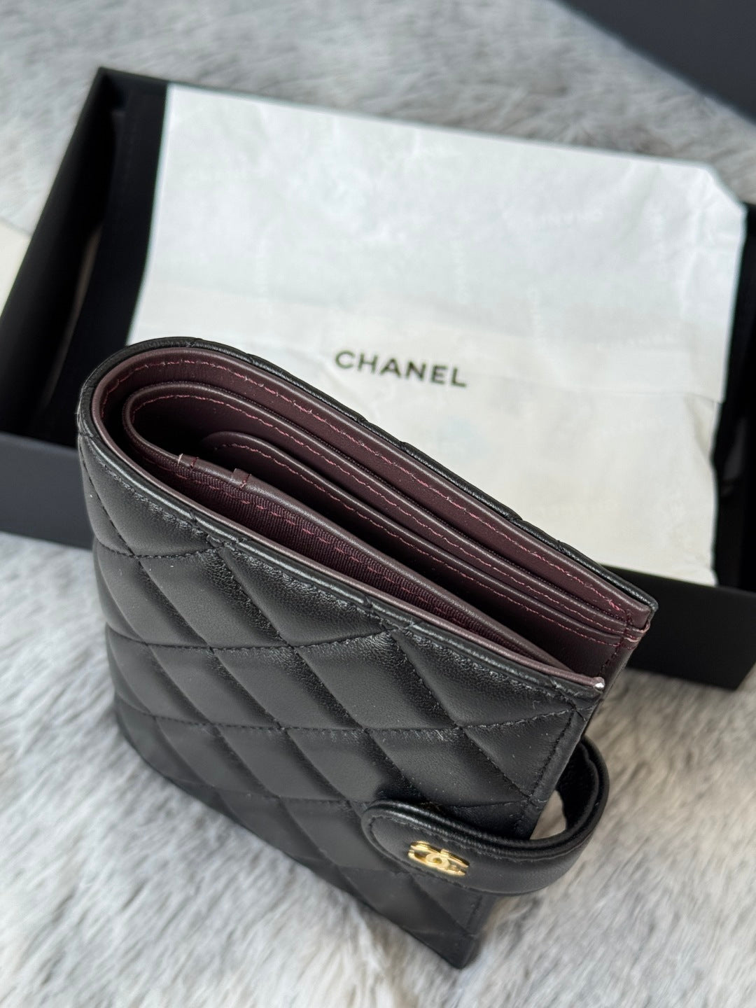 CHANEL 25S MULTI PURPOSE PASSPORT WALLET 15 IN BLACK LAMBSKIN GOLD HARDWARE