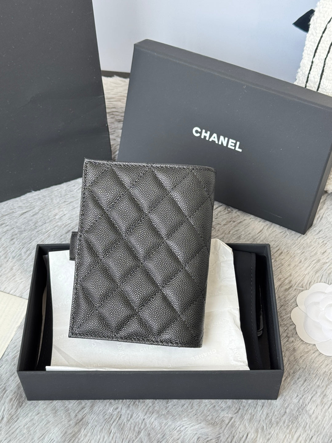 CHANEL 25S MULTI PURPOSE PASSPORT WALLET 15 IN BLACK CALFSKIN SILVER HARDWARE