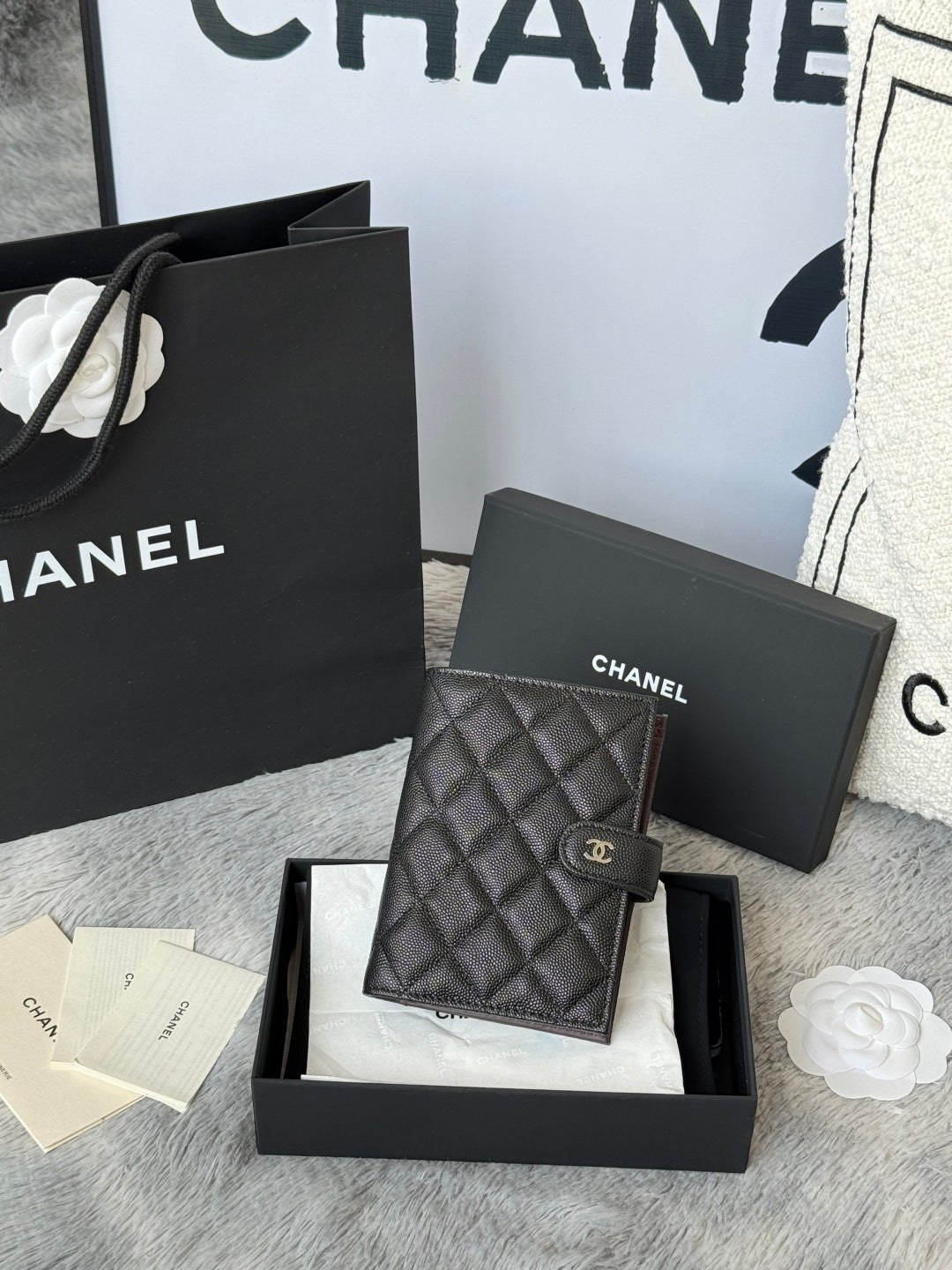 CHANEL 25S MULTI PURPOSE PASSPORT WALLET 15 IN BLACK CALFSKIN SILVER HARDWARE
