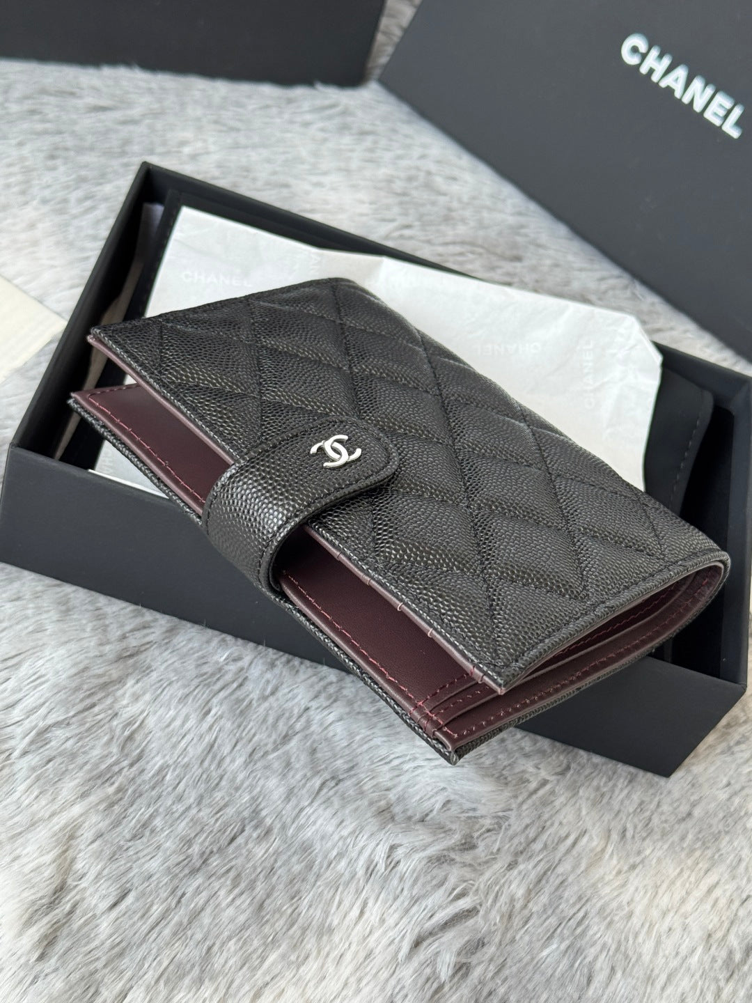 CHANEL 25S MULTI PURPOSE PASSPORT WALLET 15 IN BLACK CALFSKIN SILVER HARDWARE