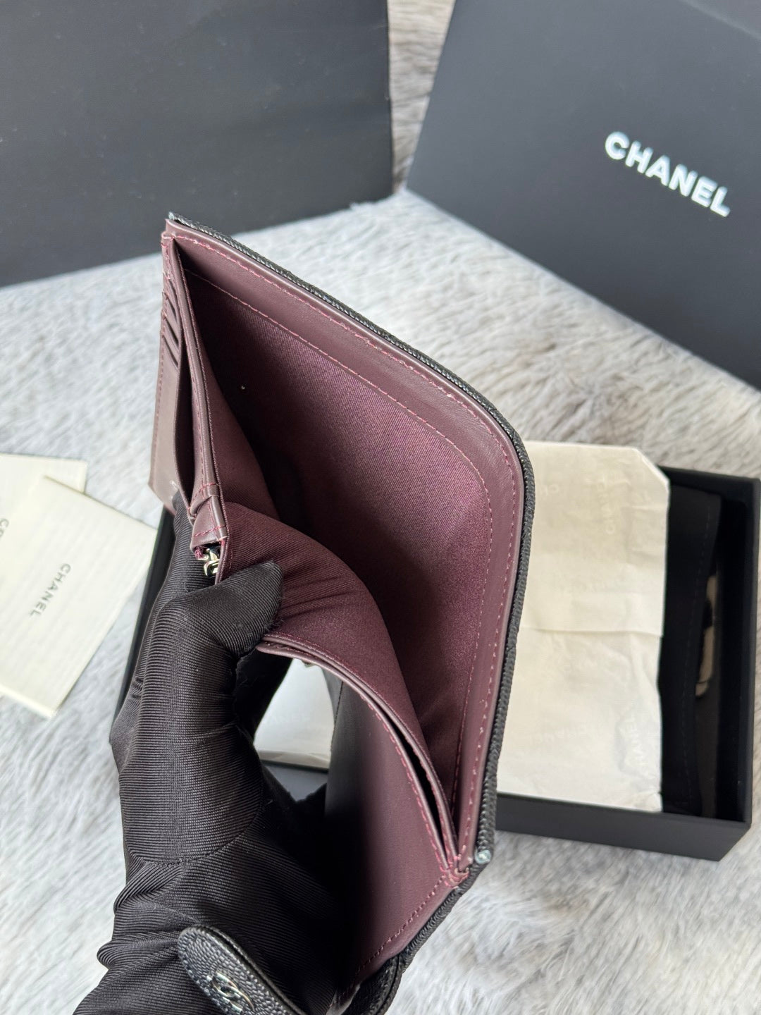 CHANEL 25S MULTI PURPOSE PASSPORT WALLET 15 IN BLACK CALFSKIN SILVER HARDWARE