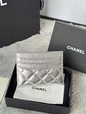 CHANEL 25S CARD HOLDER 11 IN SILVER LAMBSKIN GOLD HARDWARE