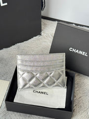 CHANEL 25S CARD HOLDER 11 IN SILVER LAMBSKIN GOLD HARDWARE
