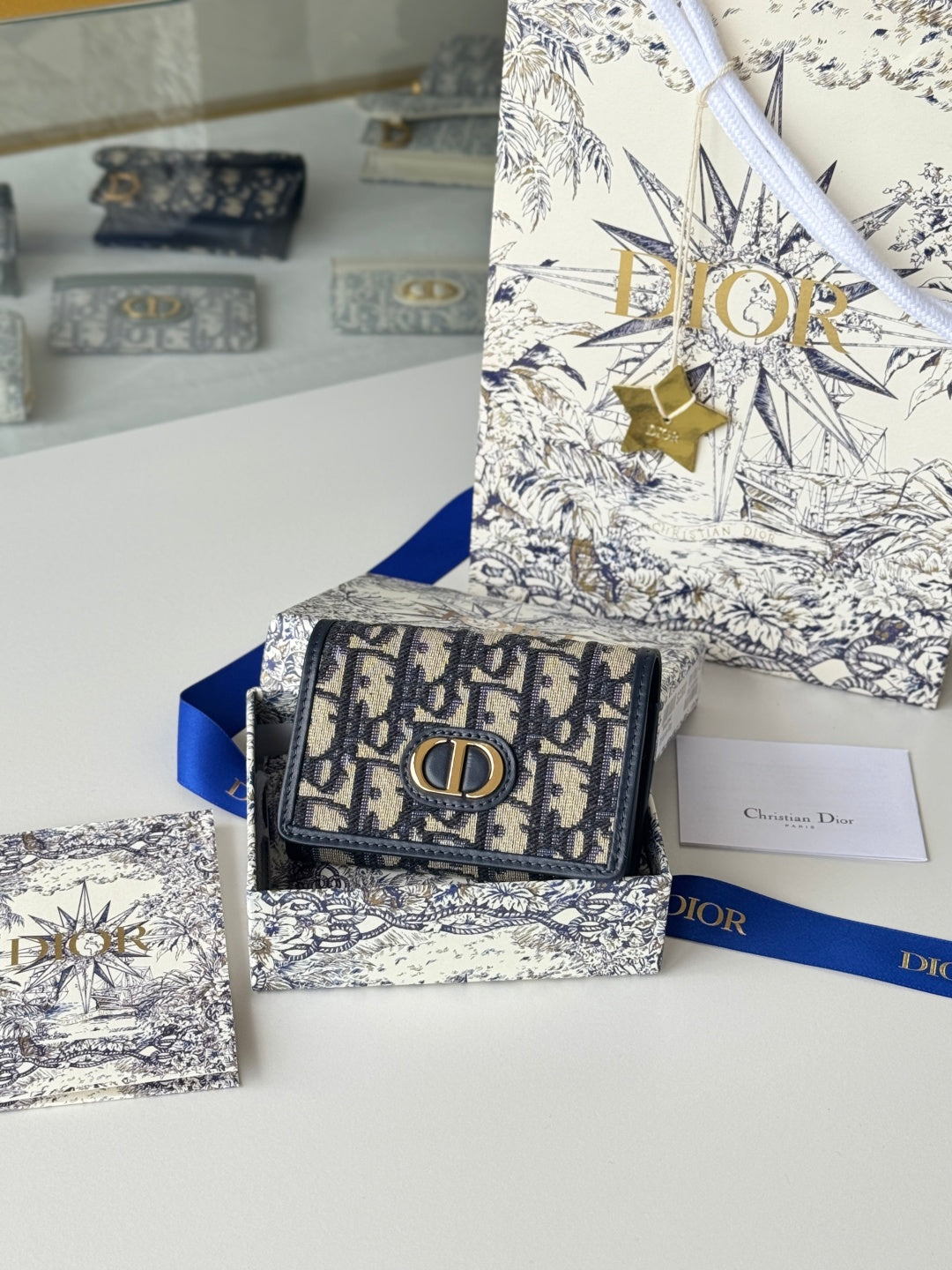 DIOR 25S CARO CARD HOLDER 11 IN BLUE CALFSKIN AND CANVAS GOLD HARDWARE