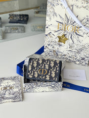DIOR 25S CARO CARD HOLDER 11 IN BLUE CALFSKIN AND CANVAS GOLD HARDWARE