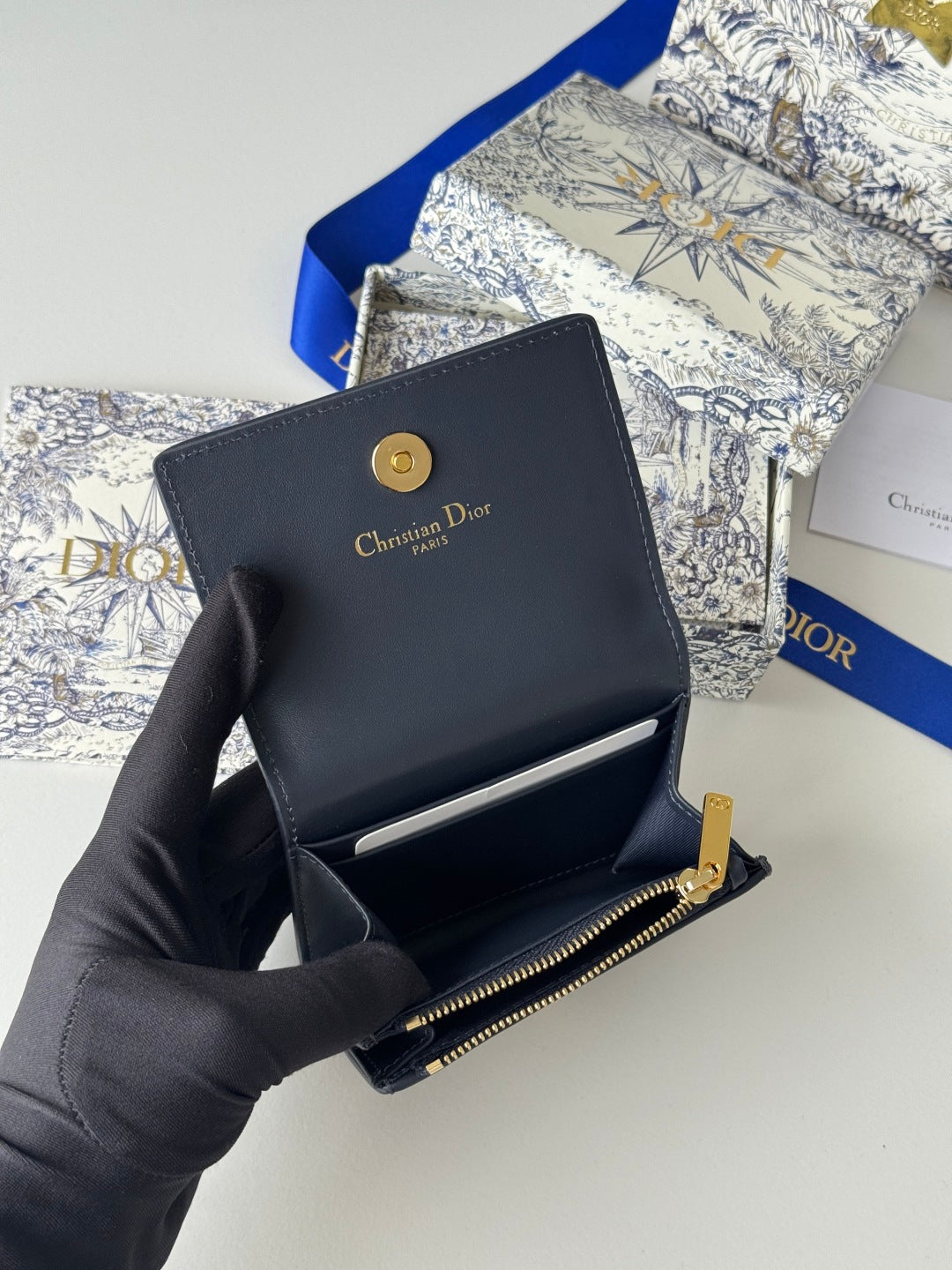 DIOR 25S CARO CARD HOLDER 11 IN BLUE CALFSKIN AND CANVAS GOLD HARDWARE