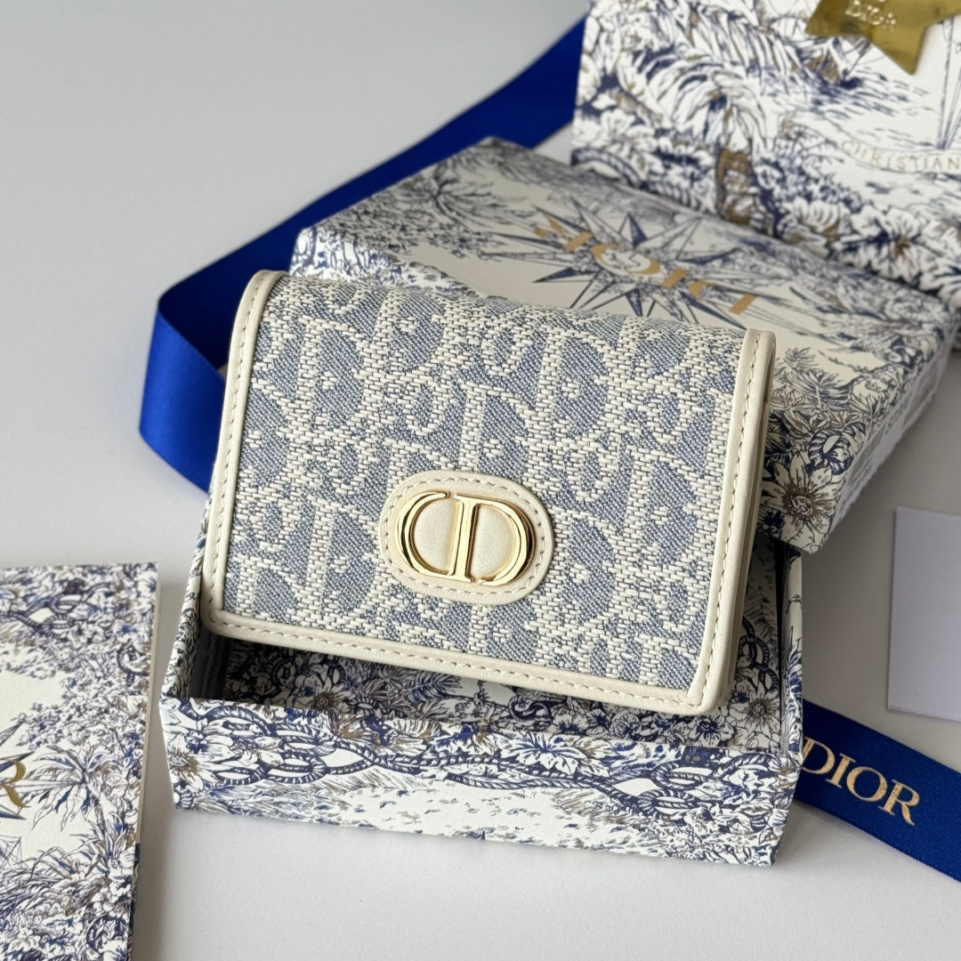 DIOR 25S CARO CARD HOLDER 11 IN LIGHT BLUE CALFSKIN AND CANVAS GOLD HARDWARE