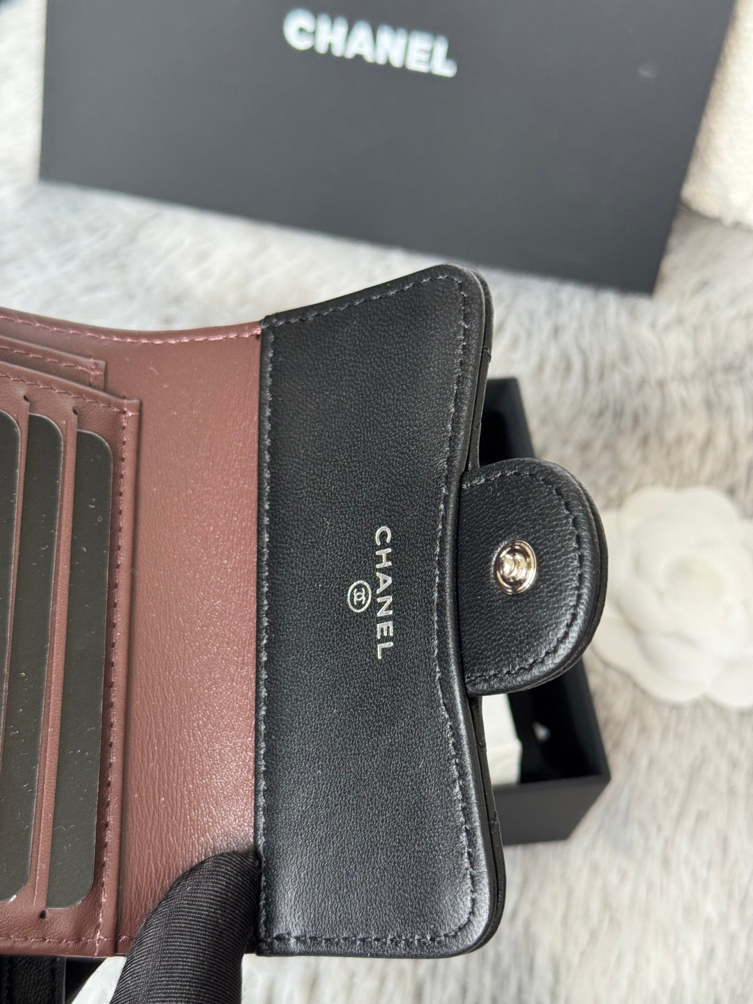 CHANEL 25S CF SMALL TRI FOLD WALLET 11 IN BLACK LAMBSKIN SILVER HARDWARE