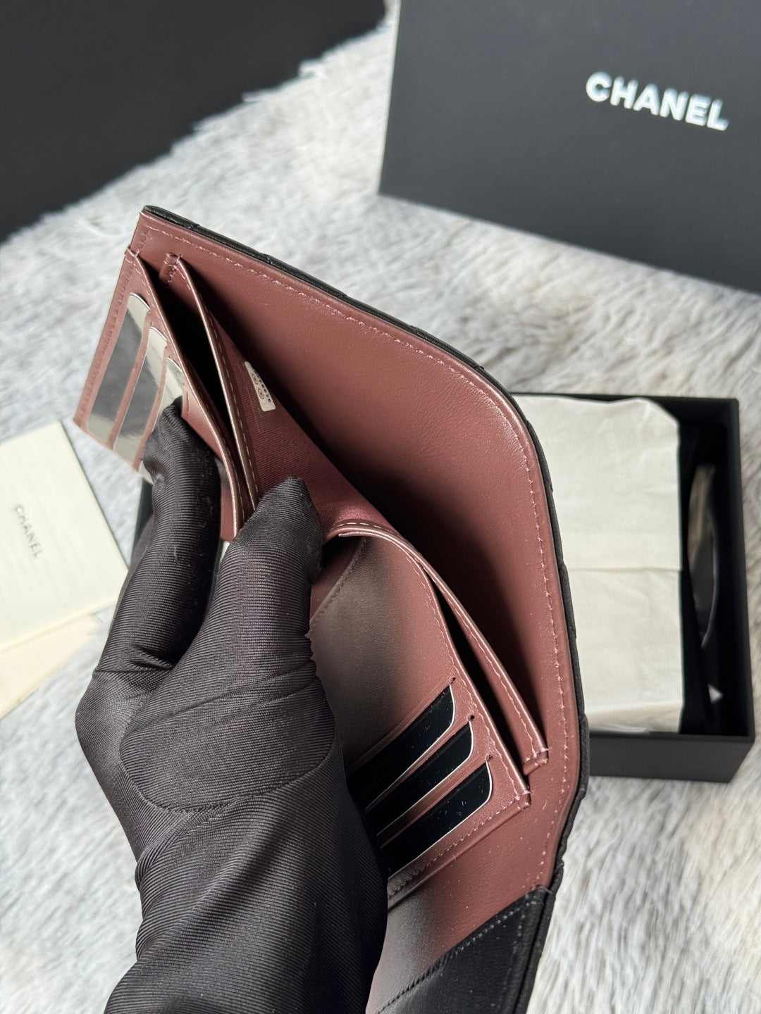 CHANEL 25S CF SMALL TRI FOLD WALLET 11 IN BLACK LAMBSKIN SILVER HARDWARE