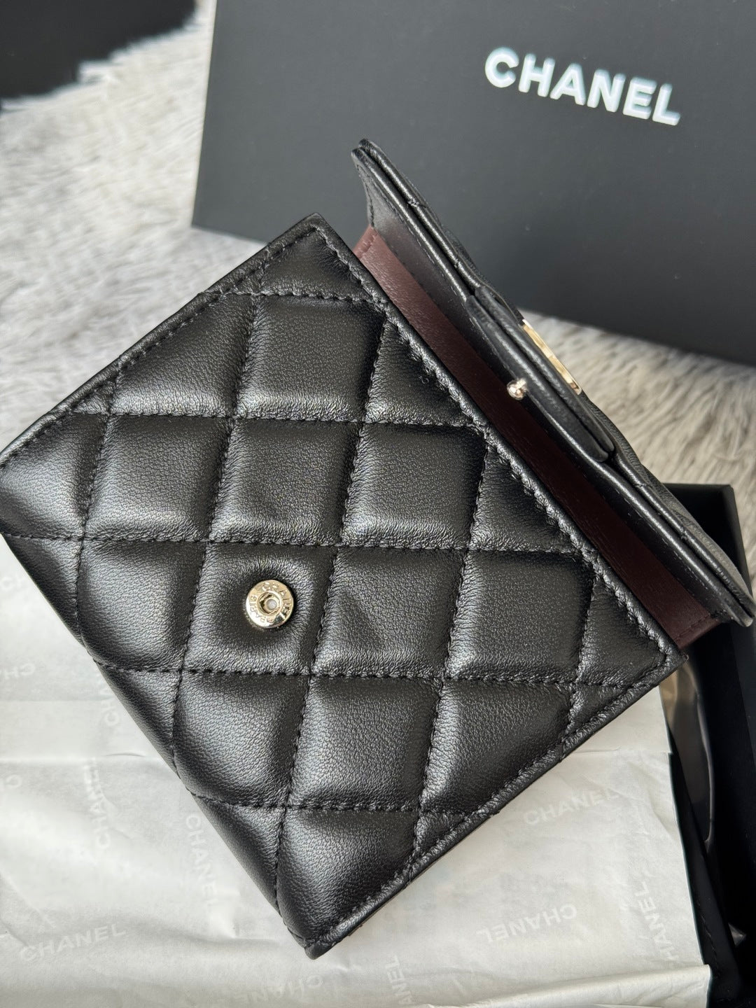 CHANEL 25S CF SMALL TRI FOLD WALLET 11 IN BLACK LAMBSKIN SILVER HARDWARE