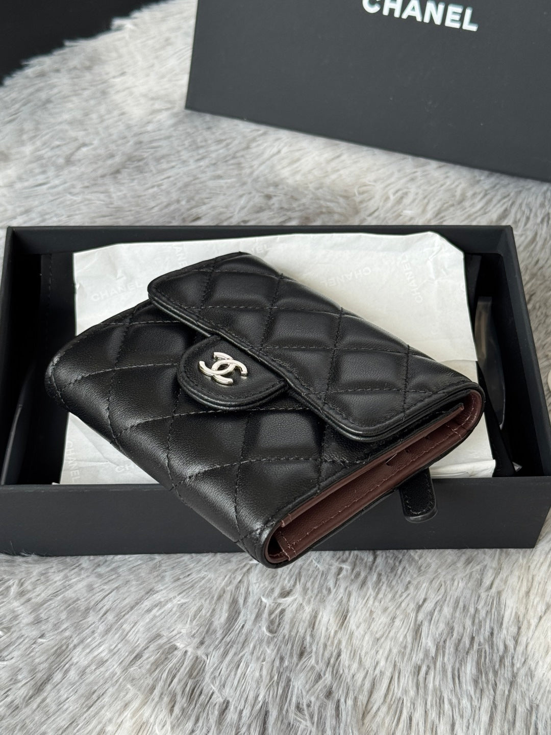 CHANEL 25S CF SMALL TRI FOLD WALLET 11 IN BLACK LAMBSKIN SILVER HARDWARE