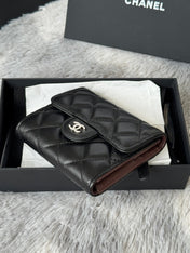 CHANEL 25S CF SMALL TRI FOLD WALLET 11 IN BLACK LAMBSKIN SILVER HARDWARE