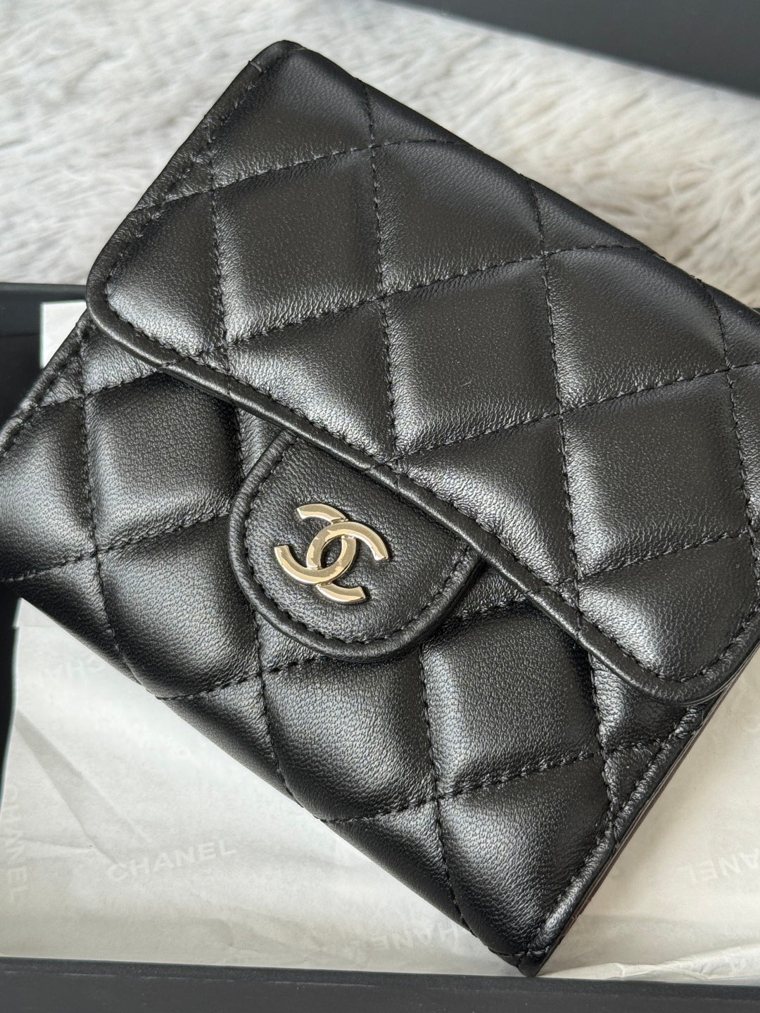 CHANEL 25S CF SMALL TRI FOLD WALLET 11 IN BLACK LAMBSKIN SILVER HARDWARE