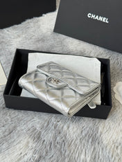 CHANEL 25S CF SMALL TRI FOLD WALLET 11 IN SILVER CAVIAR GOLD HARDWARE