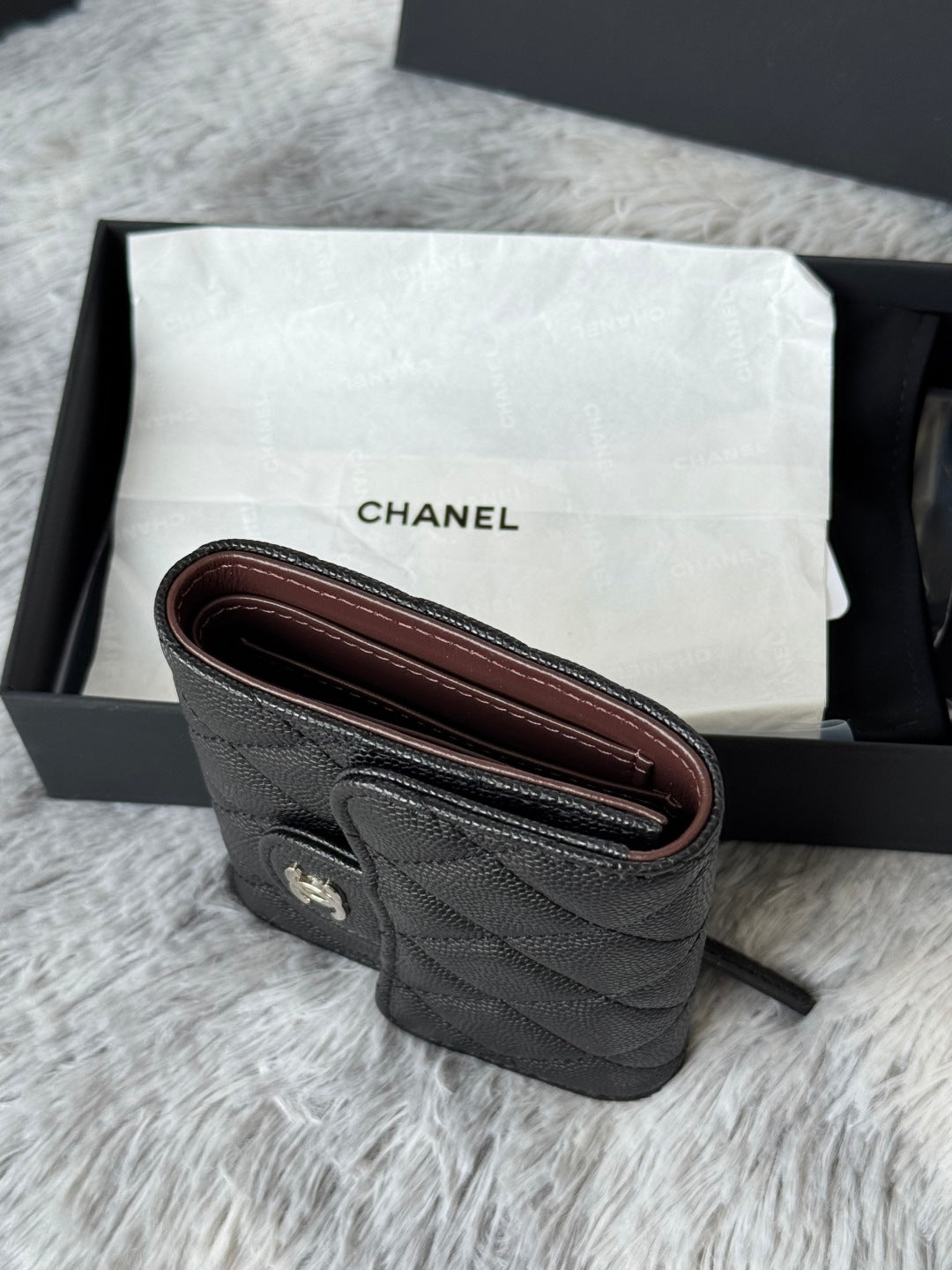 CHANEL 25S CF SMALL TRI FOLD WALLET 11 IN BLACK CAVIAR SILVER HARDWARE